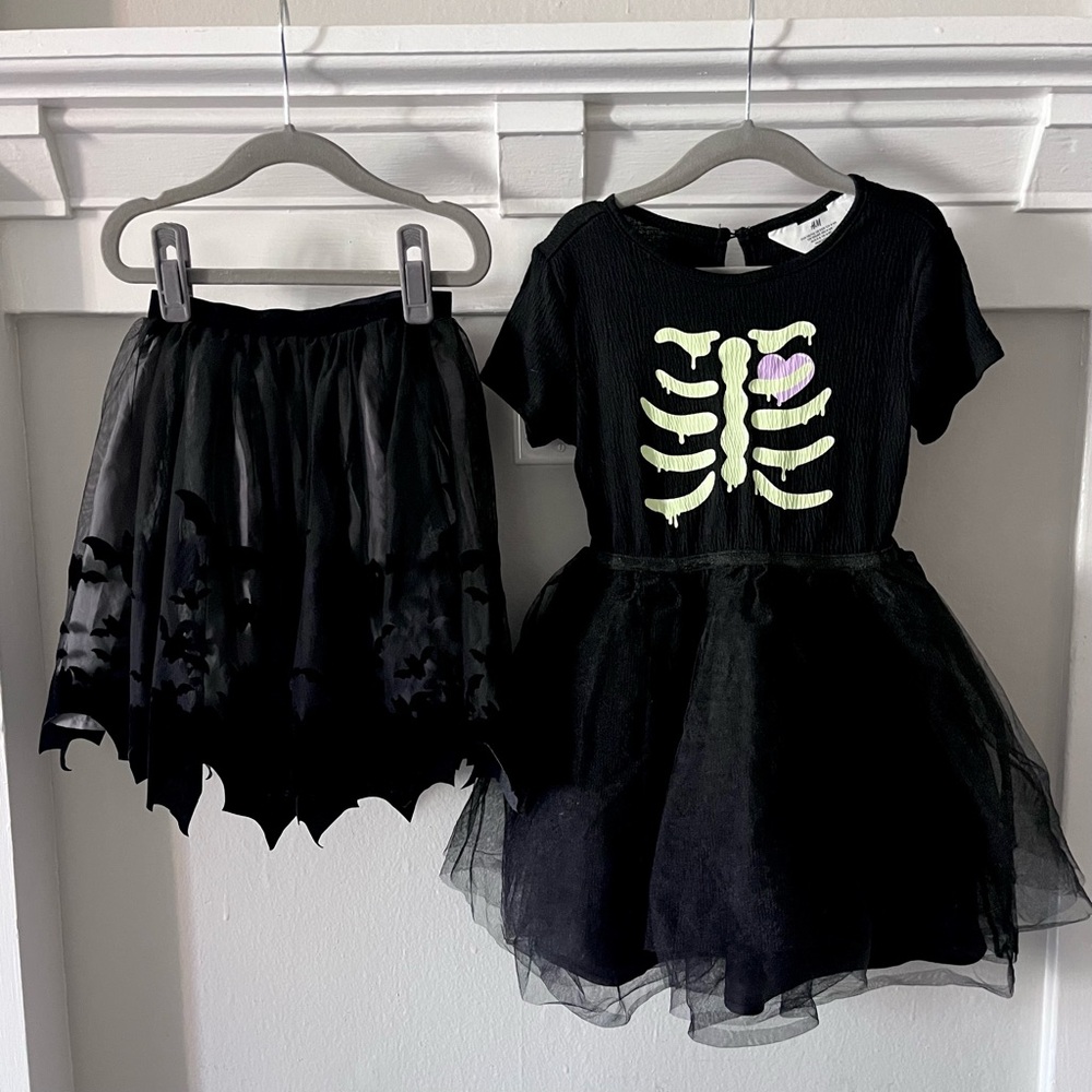 H&M Halloween Bundle: Skeleton Tulle Dress + Bat Skirt, Size 4-6